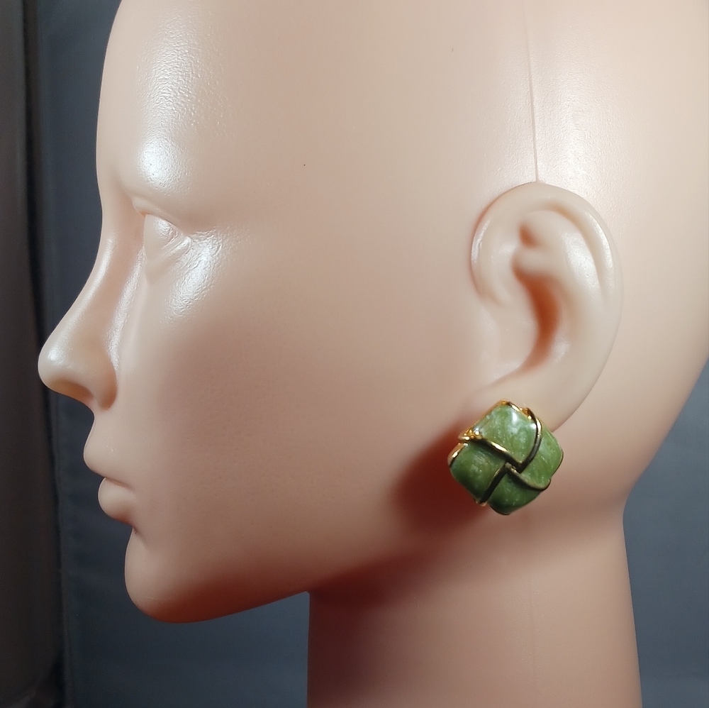 Vintage 80's Gold Tone Green Enamel Square Large Earrings